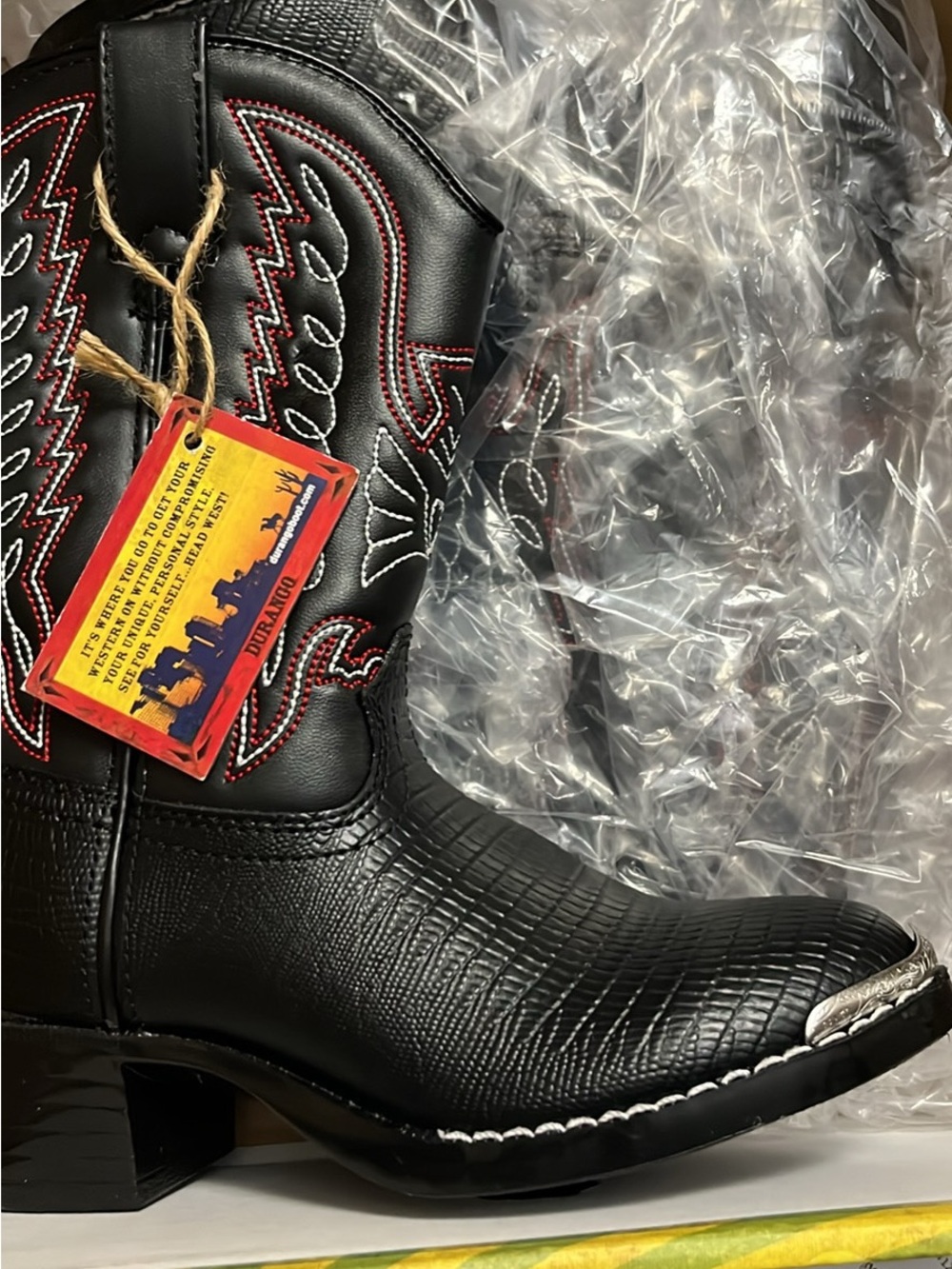 Vintage Durango kids Black Western Cowboy Boots with Red & White Stitching NWT
